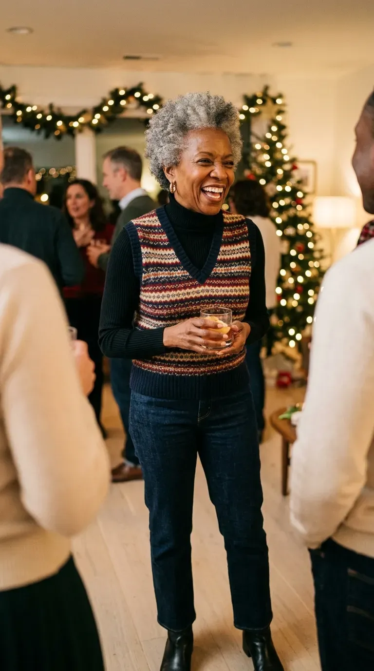 Woman over 50 in novelty knit vest, black turtleneck and dark jeans at a festive gathering