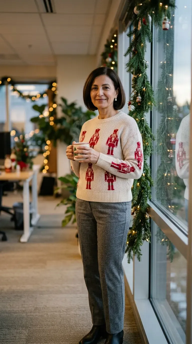 Woman over 50 in nutcracker sweater, gray trousers and black boots at a company party