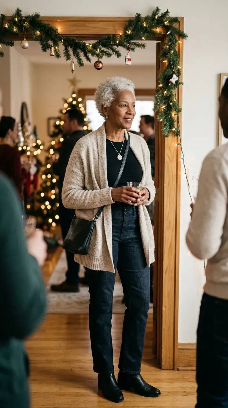 Woman over 50 in oatmeal cardigan, black tee and dark jeans at a gathering