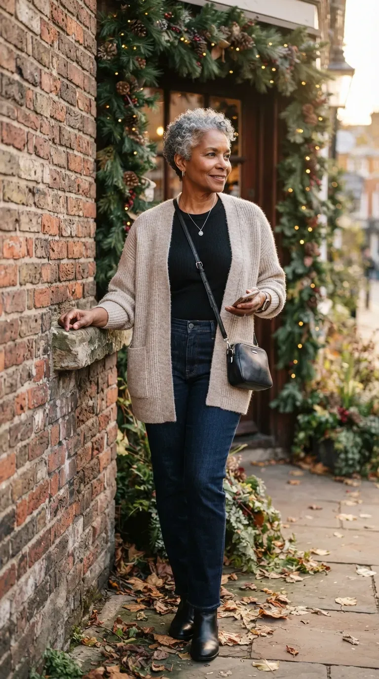 Woman over 50 in oatmeal cardigan, black tee and indigo jeans leaning on a brick wall