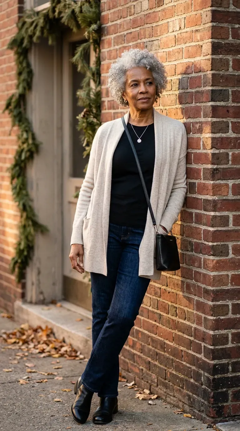 Woman over 50 in oatmeal cardigan, black tee and indigo jeans leaning on a brick wall