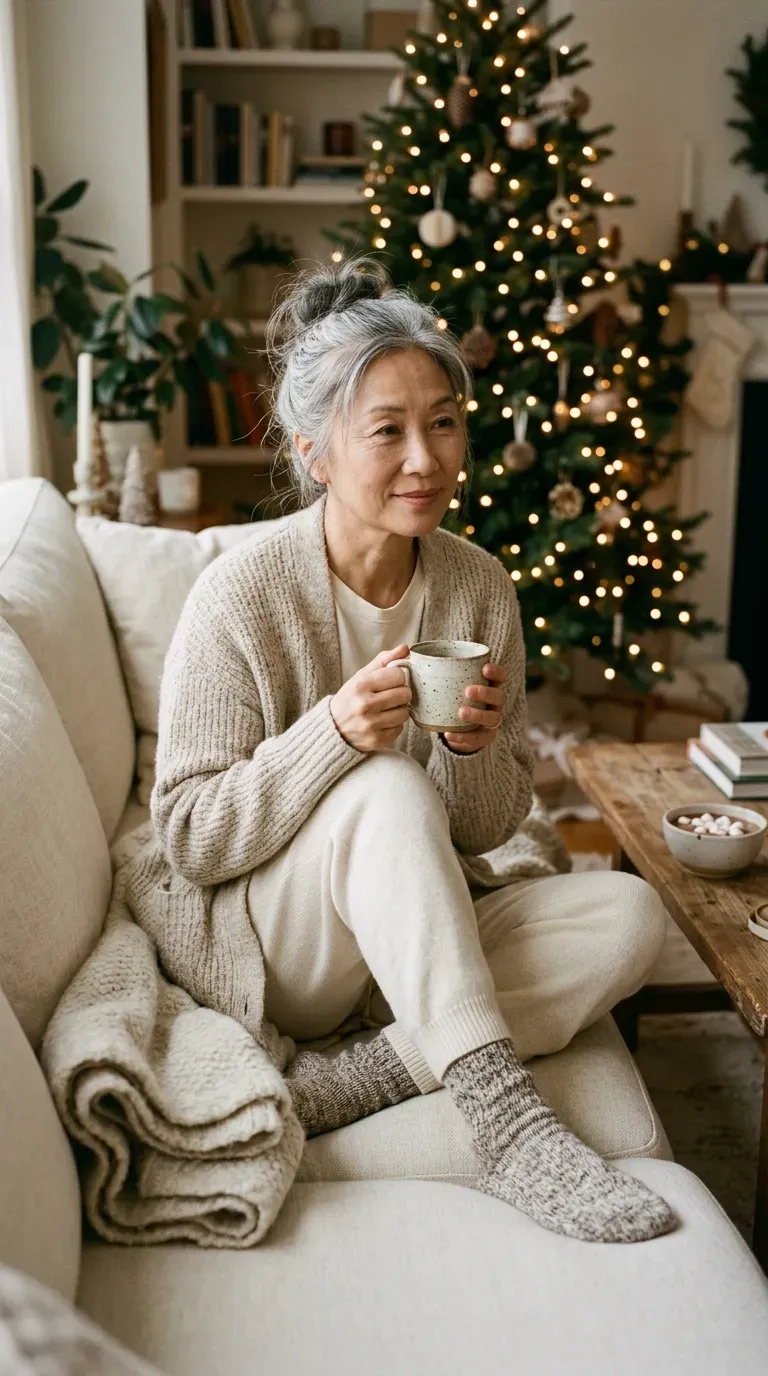 Woman over 50 in oatmeal cardigan, cream tee and cream knit joggers for a movie night