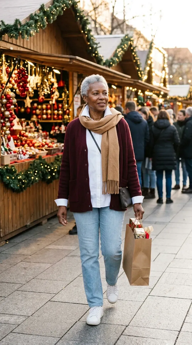 White woman in an oatmeal cardigan, gray tee and indigo jeans holding coffee on a porch