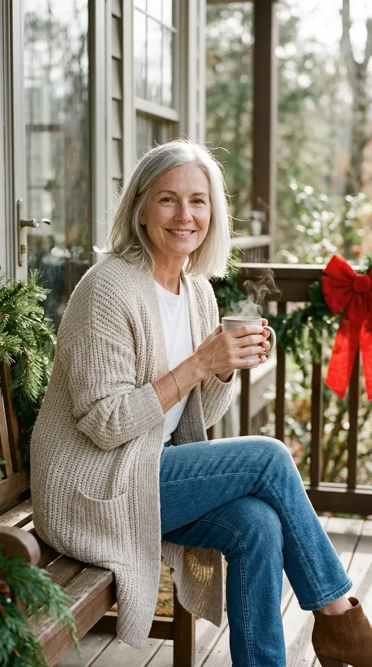 Woman over 50 in oatmeal cardigan, white tee and straight jeans holding coffee on a porch