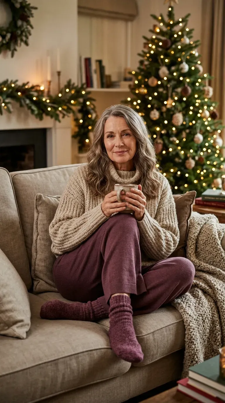 Woman over 50 in oatmeal chunky sweater, plum wide-leg lounge trousers and thick socks for a movie night