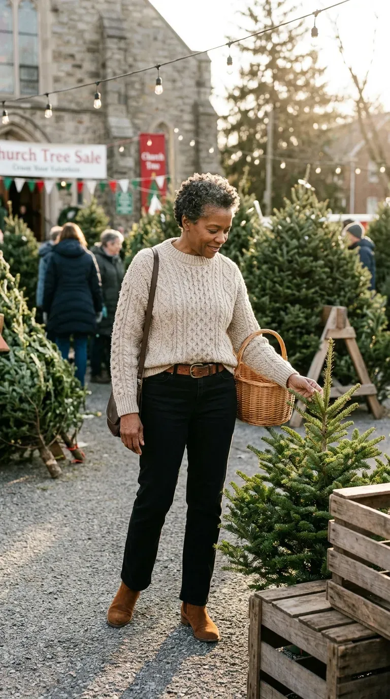 Black woman in oatmeal fisherman sweater and black jeans choosing a tree at a church tree sale
