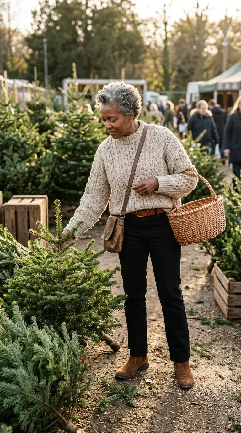 Woman in an oatmeal fisherman sweater and black jeans choosing a Christmas tree at a farmers market