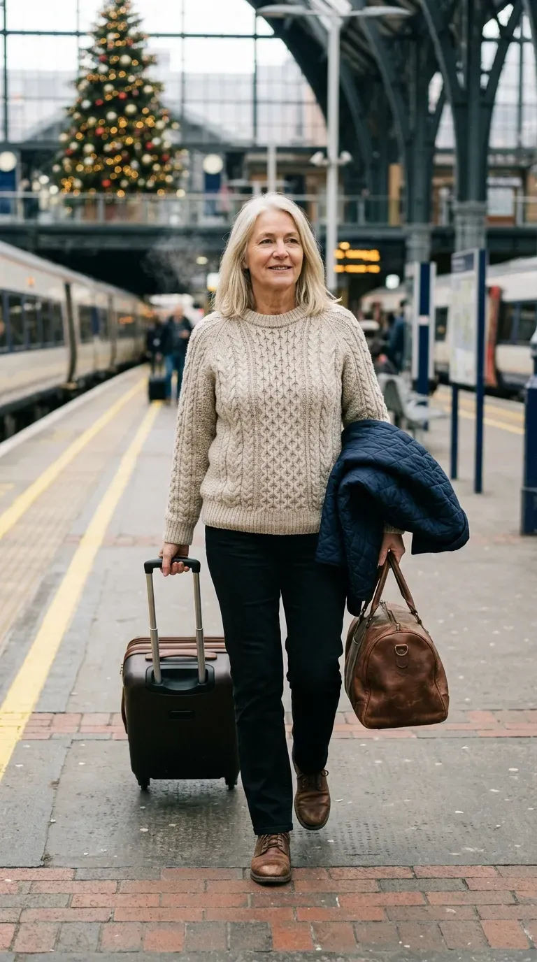 Woman over 50 in oatmeal fisherman sweater and black jeans at a bright train station