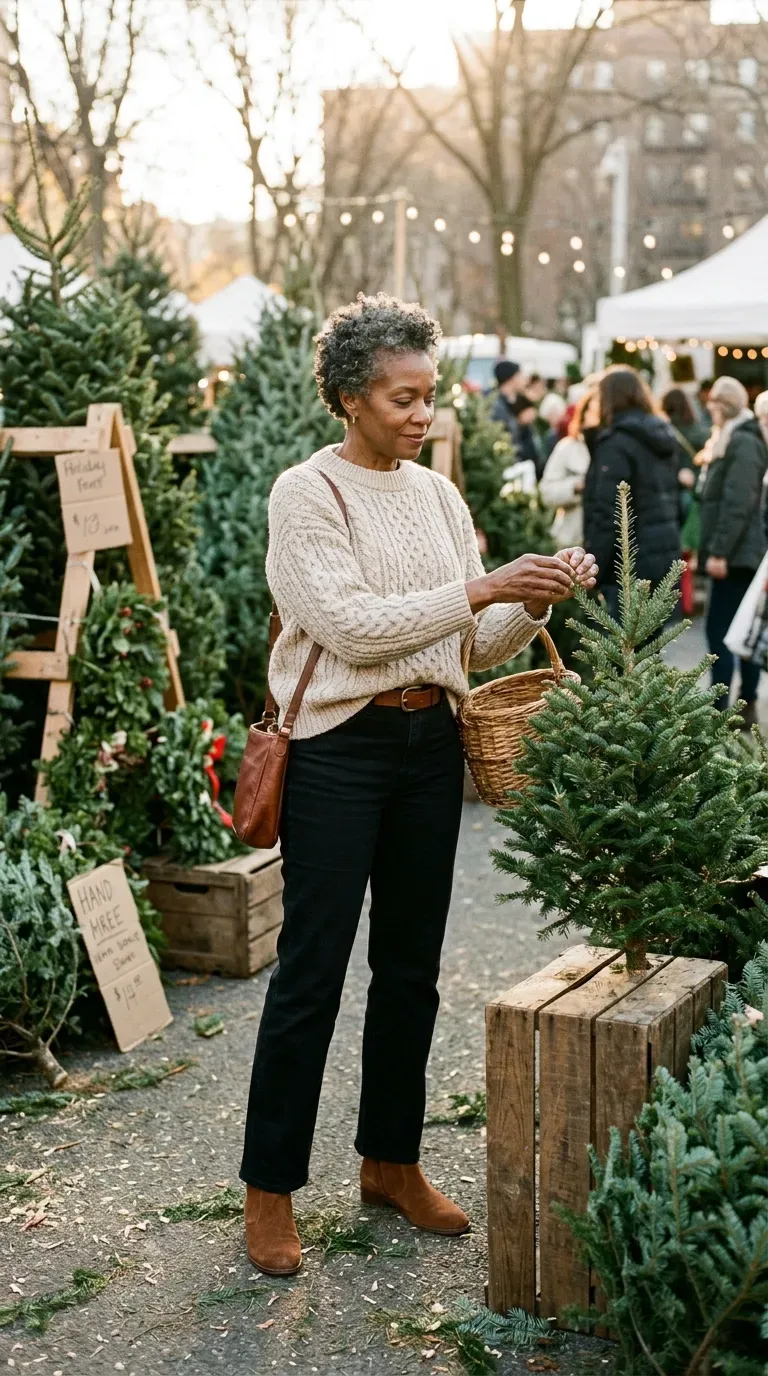 Black woman in an oatmeal fisherman sweater and black jeans choosing a tree at a farmers market