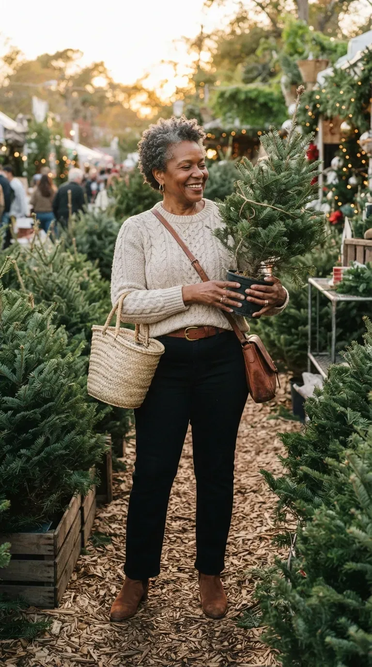 Black plus-size woman in an oatmeal fisherman sweater and black jeans choosing a Christmas tree