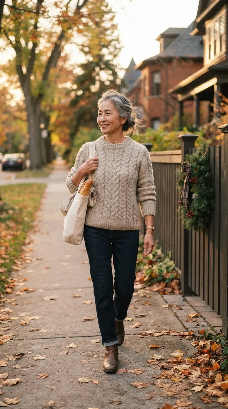 Woman over 50 in oatmeal fisherman sweater, dark jeans and ankle boots walking a quiet street