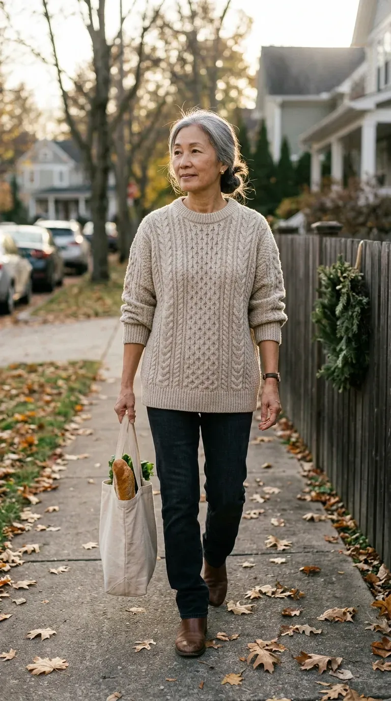 Woman over 50 in oatmeal fisherman sweater, dark jeans and boots on a quiet street