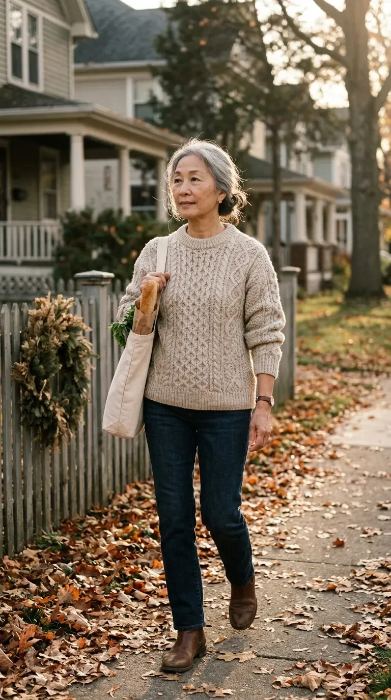 Woman over 50 in oatmeal fisherman sweater, dark jeans and boots on a quiet street