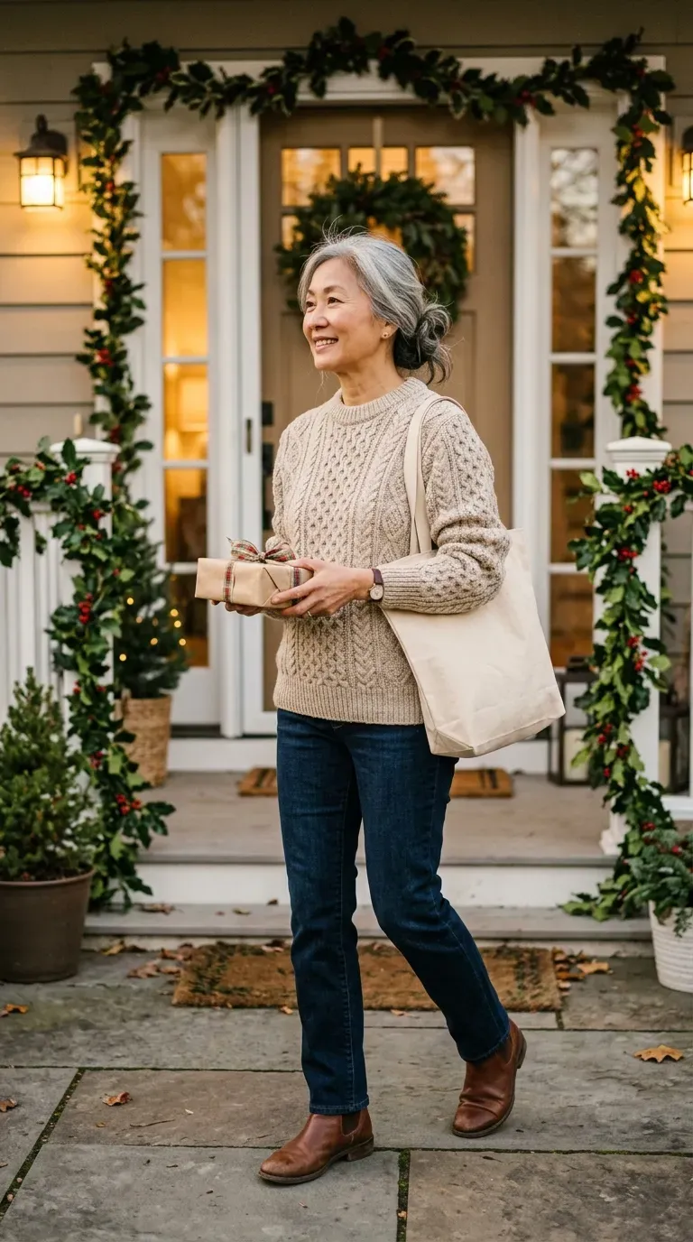 Woman over 50 in oatmeal fisherman sweater, dark jeans and brown boots at a Christmas family visit