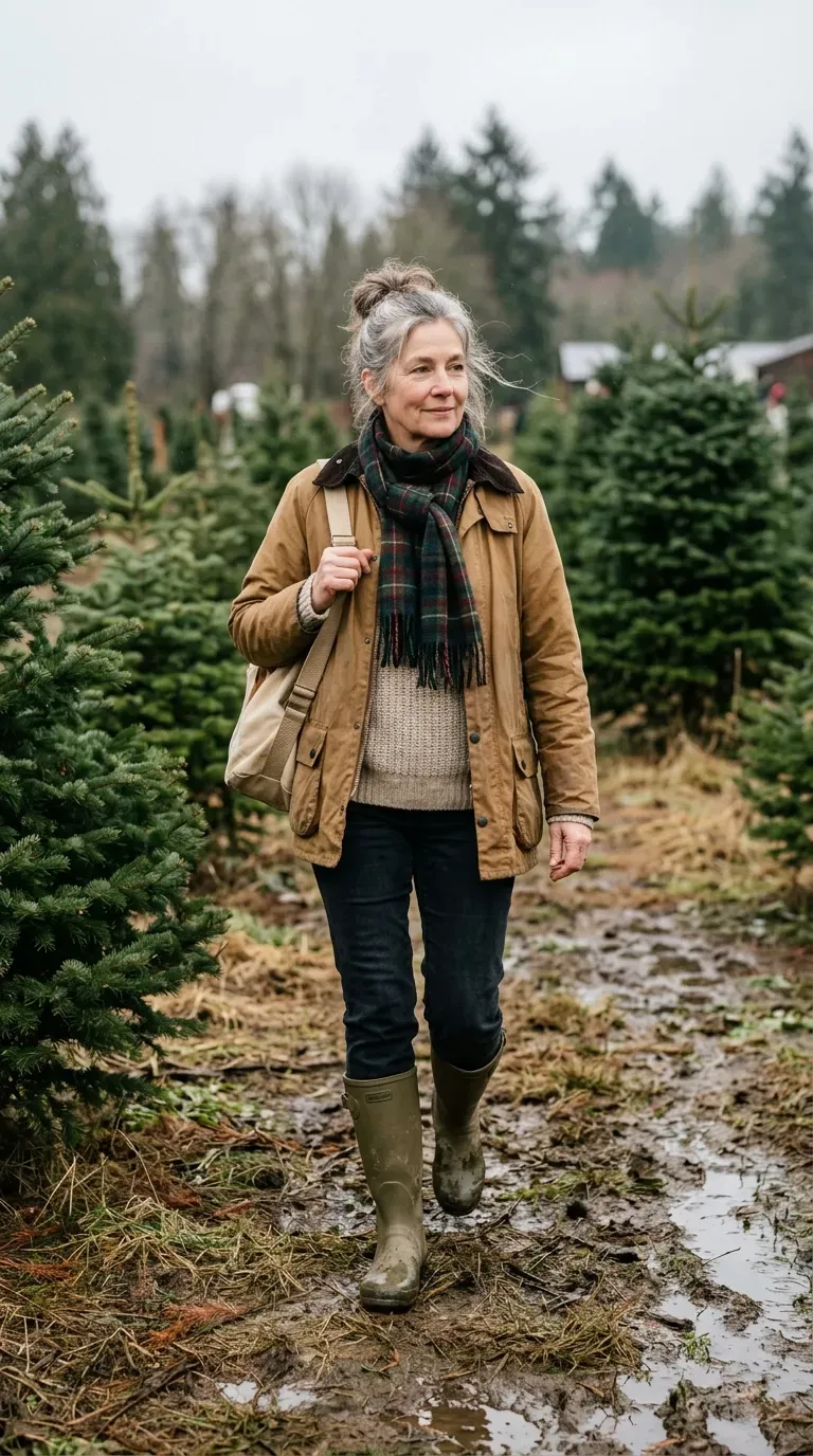 Woman over 50 in oatmeal fisherman sweater, dark jeans and wellies at a muddy tree farm