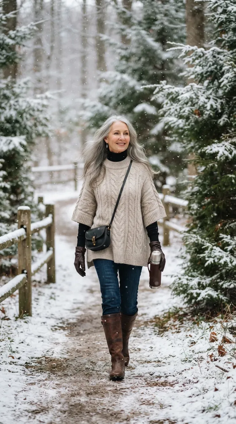 Woman over 50 in an oatmeal knit poncho and dark jeans with tall boots on a snowy path