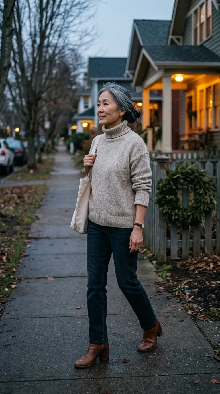 Woman over 50 in oatmeal turtleneck, dark jeans and heeled boots on a quiet street