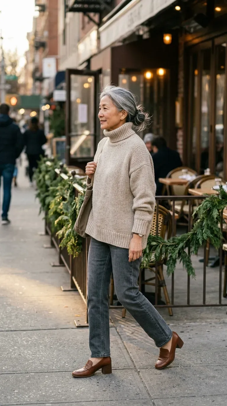 Woman over 50 in oatmeal turtleneck, gray jeans and heeled loafers outside a restaurant