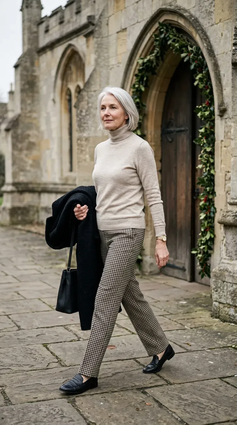 Woman over 50 in oatmeal turtleneck, houndstooth trousers and loafers near a church