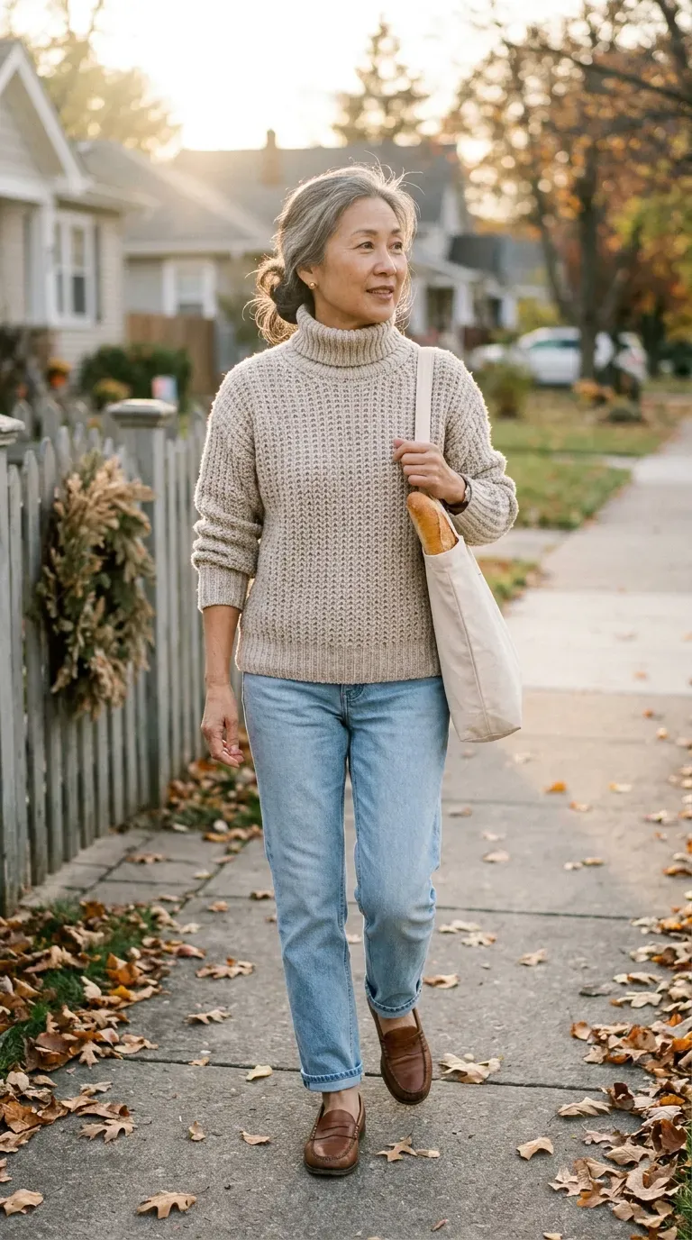 Woman over 50 in oatmeal turtleneck, light jeans and loafers on a leafy neighborhood street
