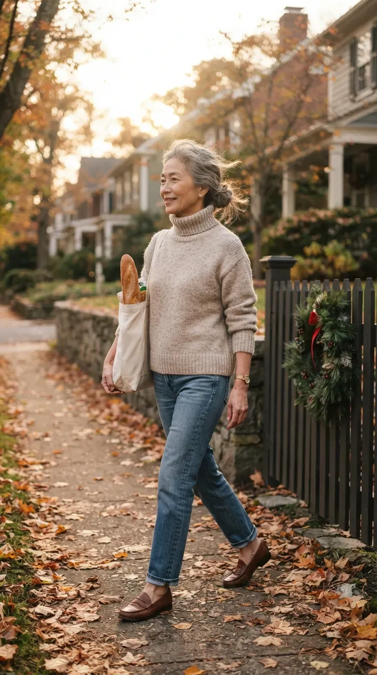 Woman over 50 in oatmeal turtleneck, straight jeans and loafers walking in a leafy neighborhood