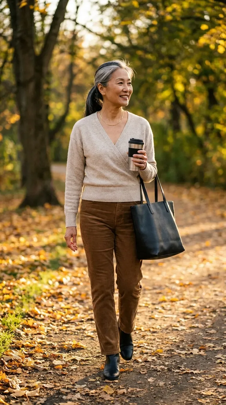Woman in an oatmeal wrap sweater and brown corduroy trousers walking a leafy park trail