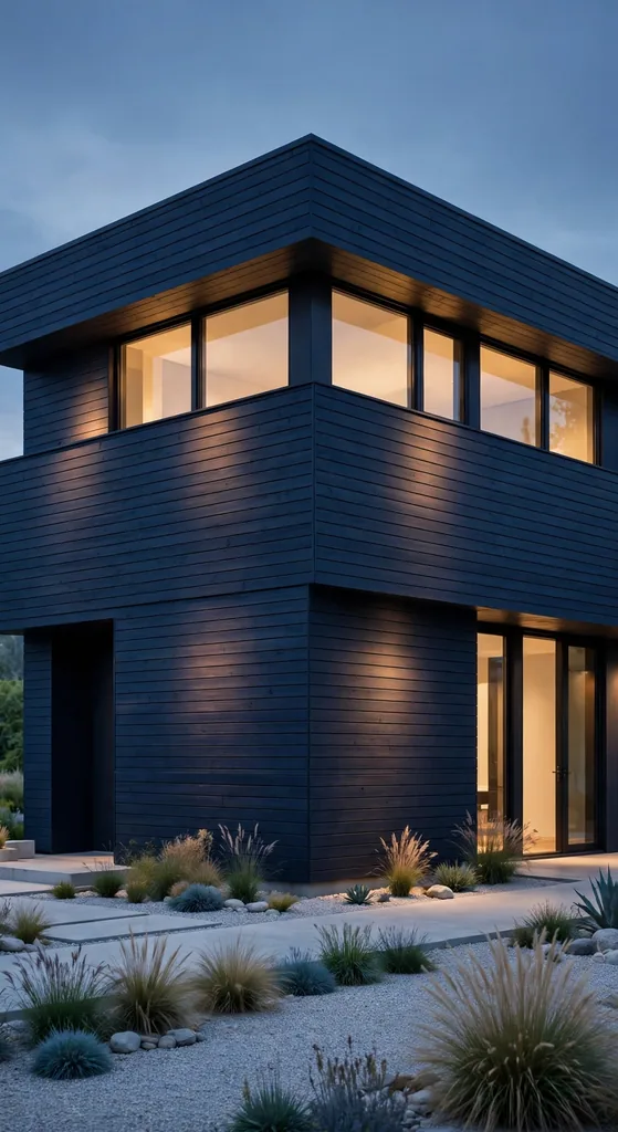 Modern Minimalist Dark Blue with Flat Roof and Horizontal Lines