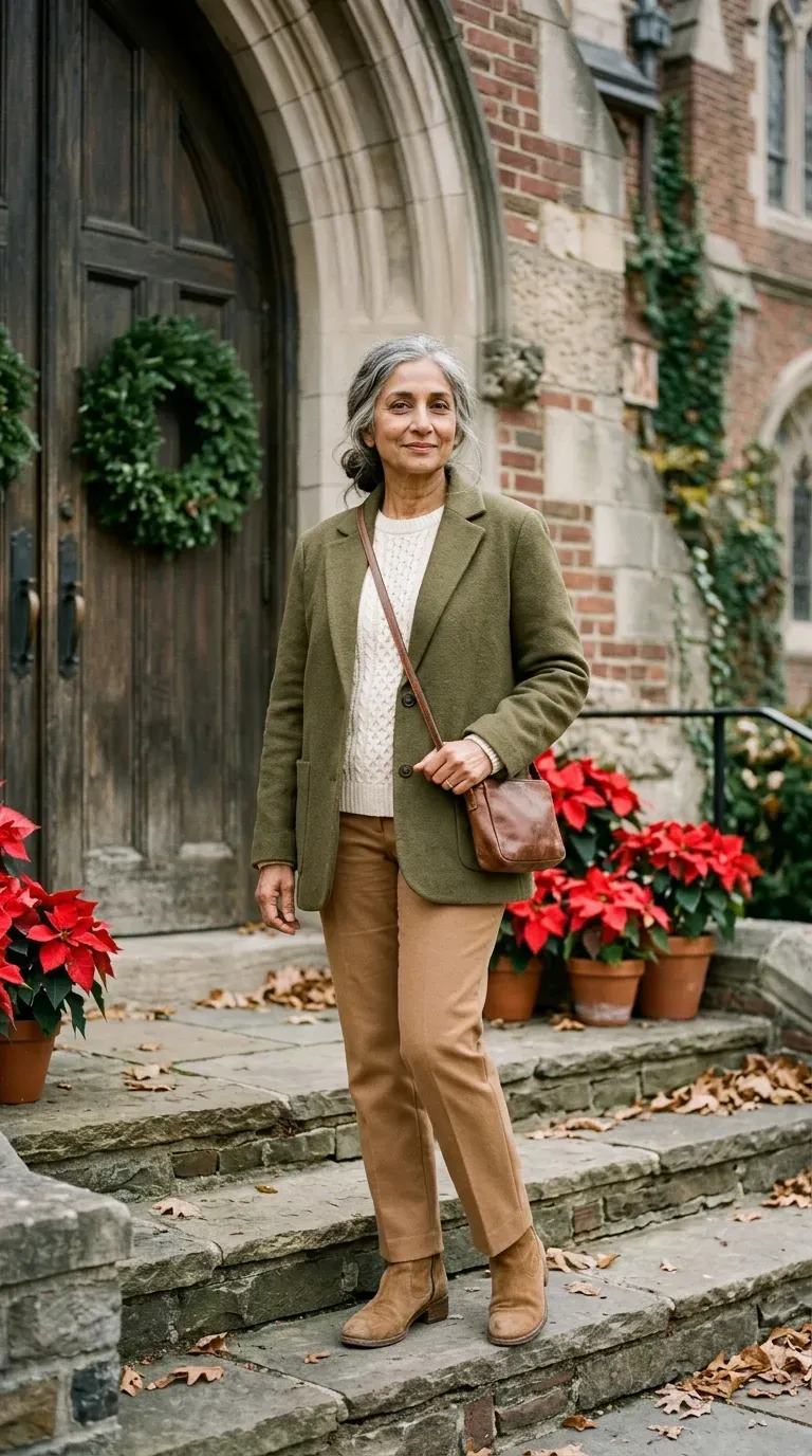 South Asian woman in olive blazer, cream sweater and camel trousers greeting people at church