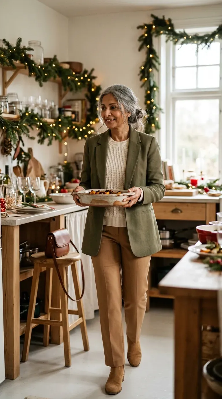 South Asian woman in an olive blazer, cream sweater and camel trousers in a decorated kitchen