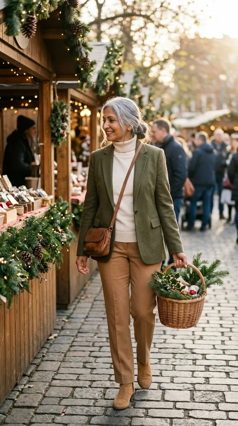 Woman in olive blazer, cream turtleneck and camel trousers at a Christmas farmers market