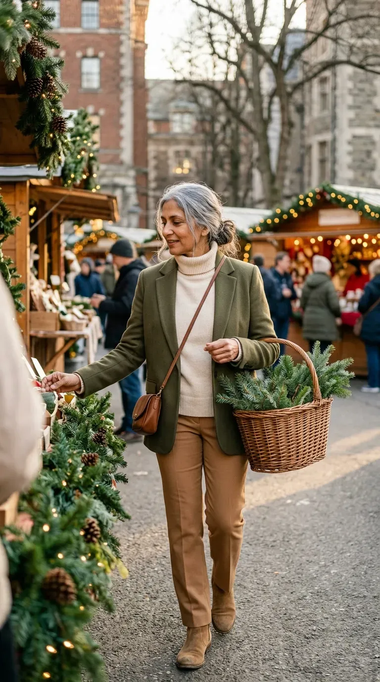 Woman in olive blazer, cream turtleneck and camel trousers standing at a farmers market