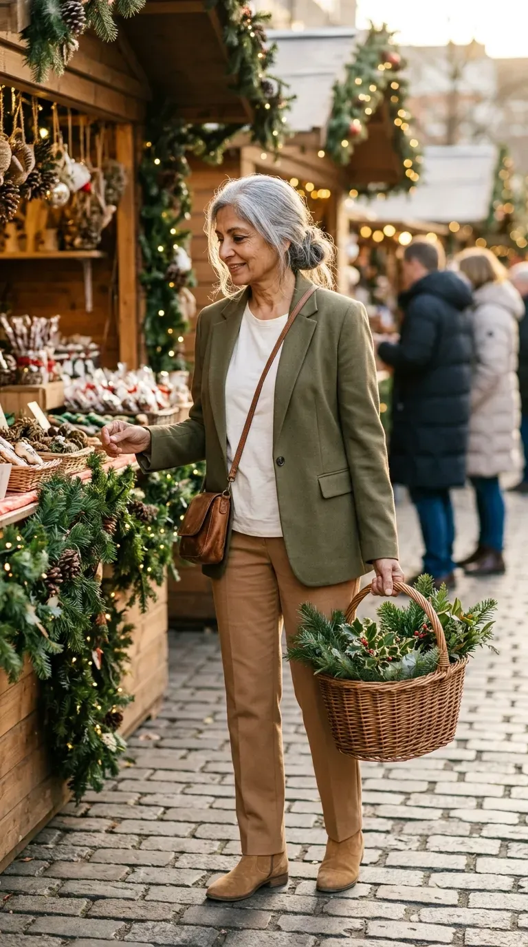 South Asian woman in an olive blazer, ivory tee and camel trousers at a Christmas market