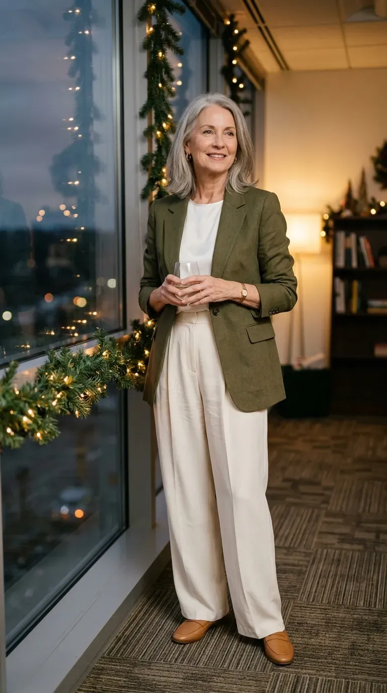 Woman over 50 in olive blazer, white silk tee and wide-leg trousers at a work party