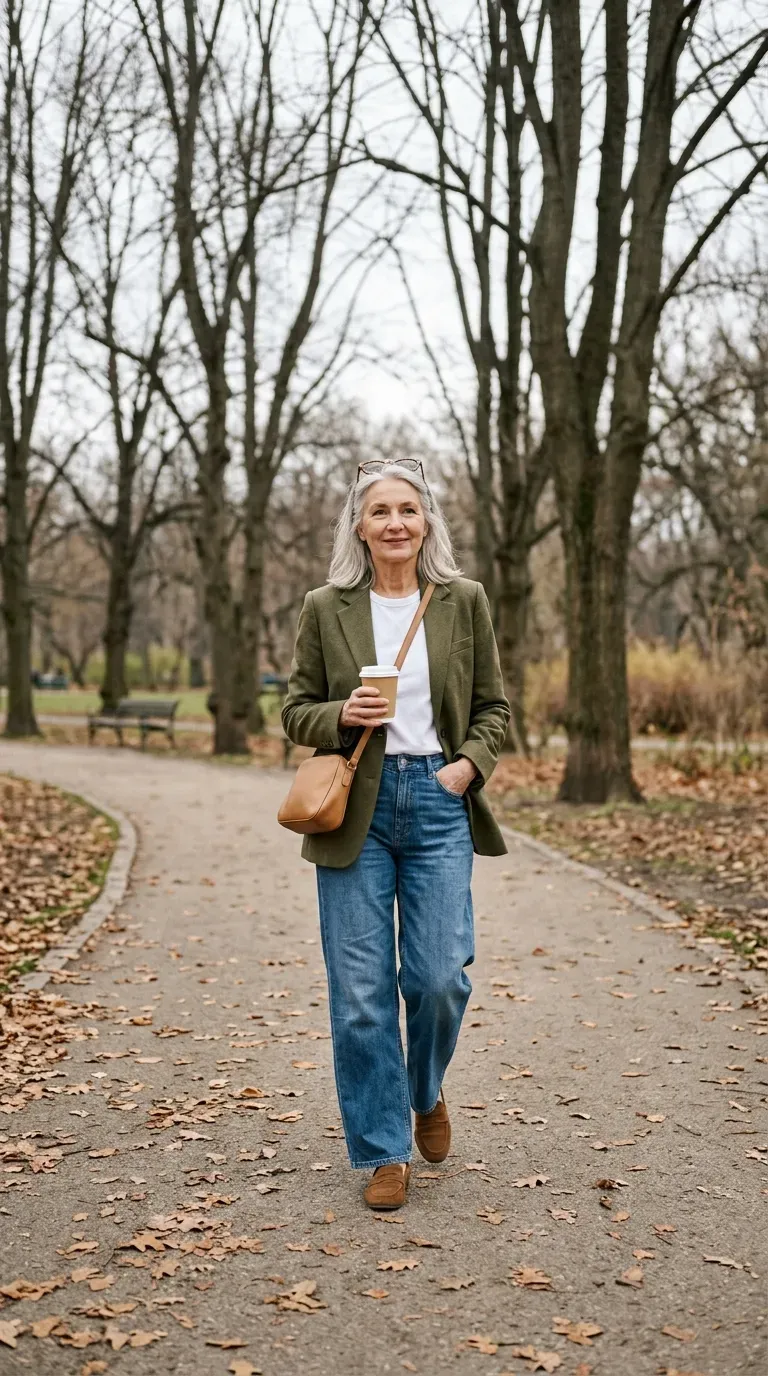 Woman over 50 in olive blazer, white tee and wide-leg jeans strolling a park path