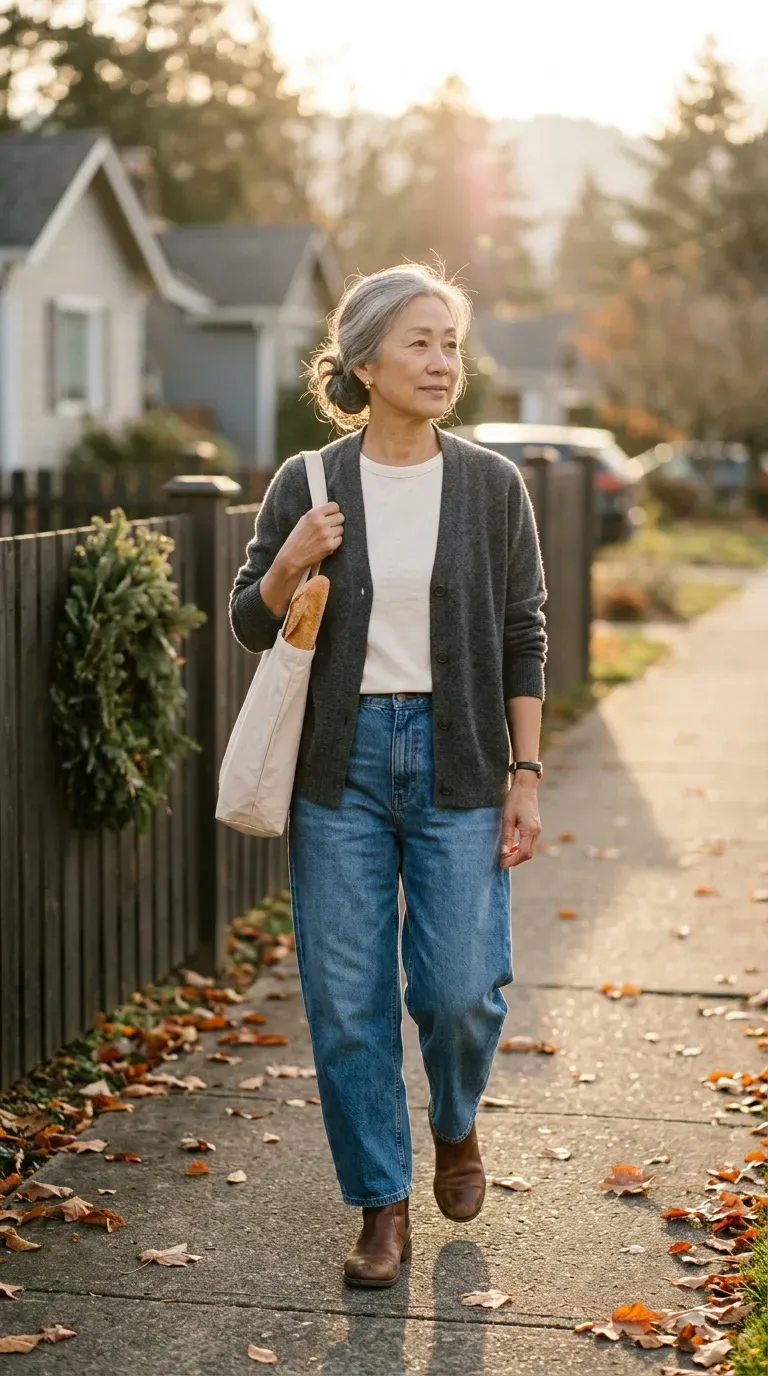 Woman over 50 in olive blazer, white tee and wide-leg jeans at a farmers market stall