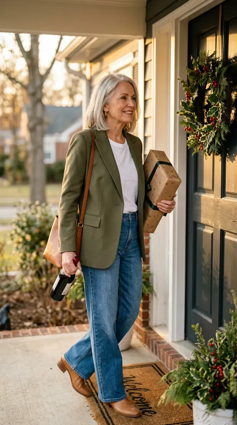 Woman over 50 in olive blazer, white tee and wide-leg jeans at a Christmas family gathering