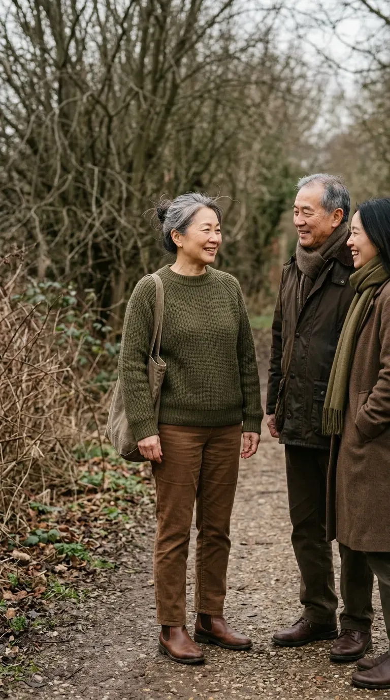 Woman over 50 in olive sweater and brown trousers for a coordinated Christmas family photo