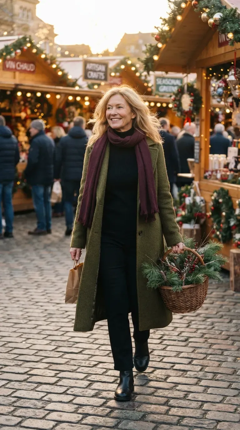 Woman over 50 in olive car coat with black knit and trousers at a farmers market