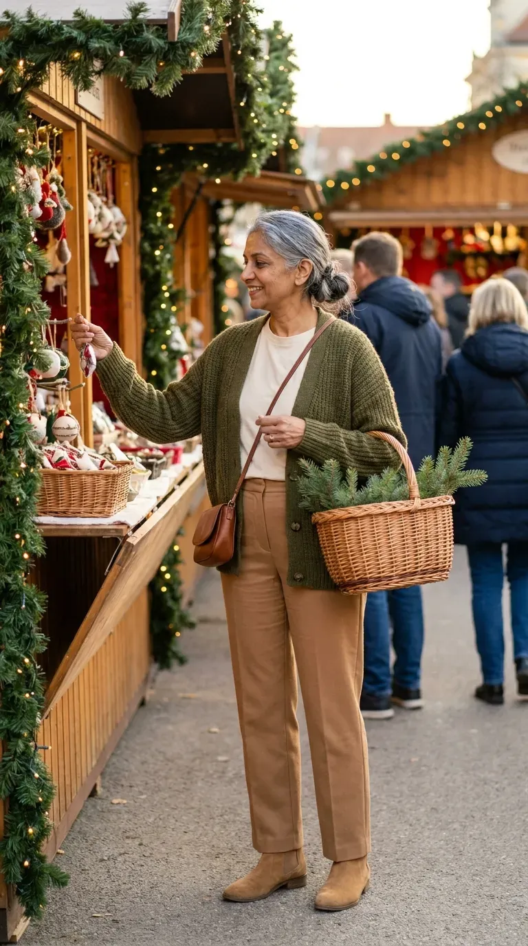 South Asian woman in an olive cardigan, cream tee and camel trousers at a Christmas market