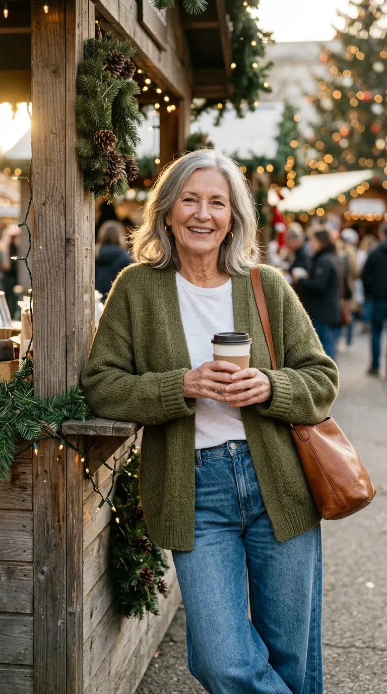 Woman over 50 in olive cardigan, white tee and wide-leg jeans at a farmers market stall