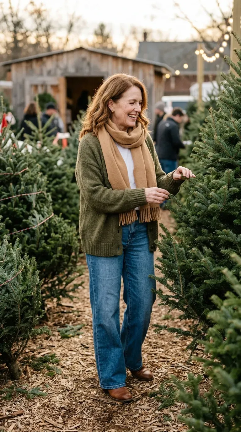Woman over 50 in olive cardigan, white tee and wide-leg jeans at a Christmas tree lot