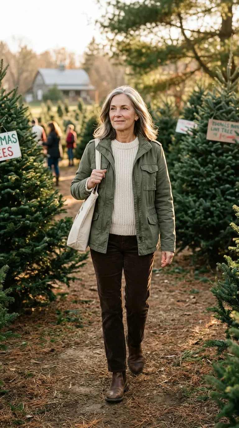 Woman over 50 in olive cargo jacket, cream knit and corduroy trousers at a tree farm