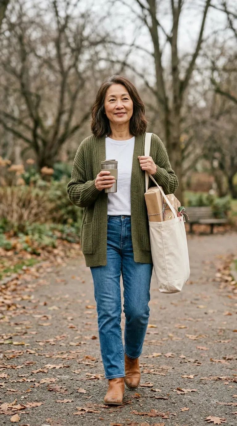 Woman in olive chunky cardigan, white tee and blue jeans walking a park path with a tote