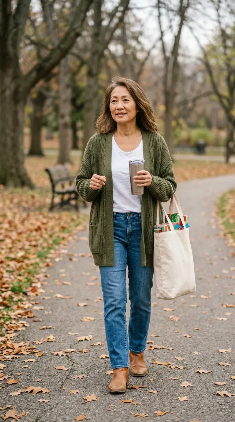 Woman in olive chunky cardigan, white tee and blue jeans on a park path with a coffee