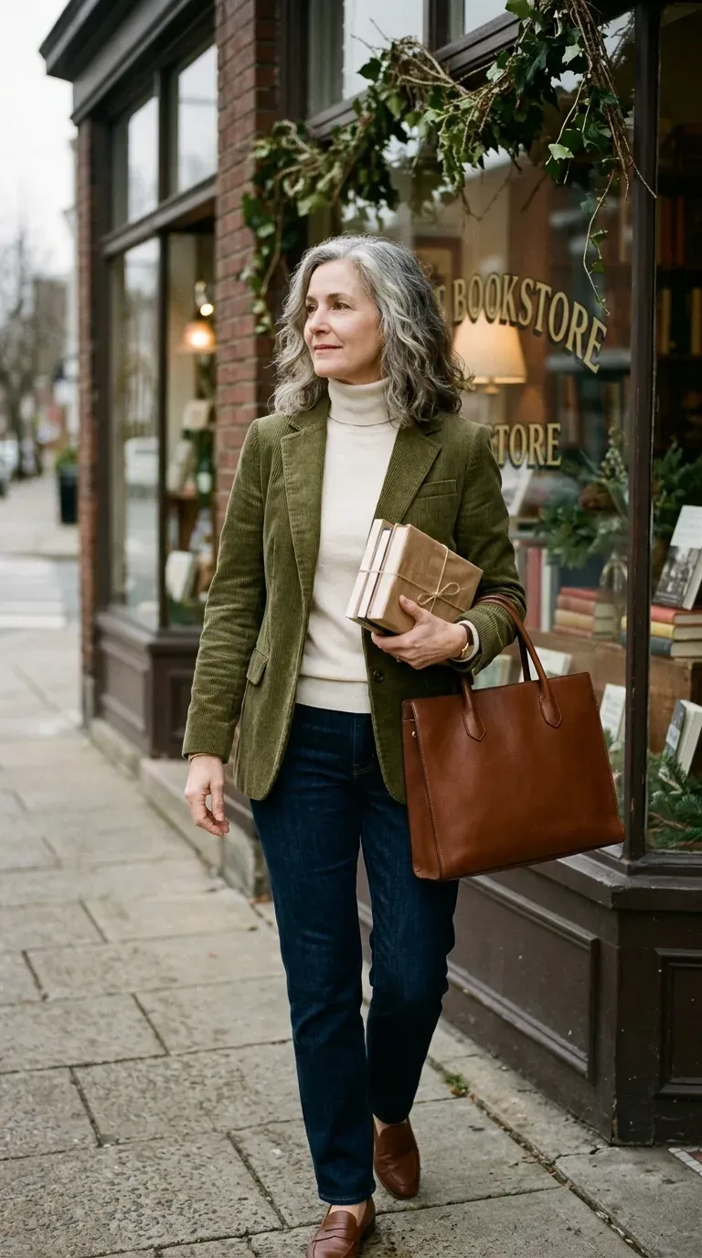 Woman over 50 in olive corduroy blazer, cream turtleneck and dark jeans in a bookshop