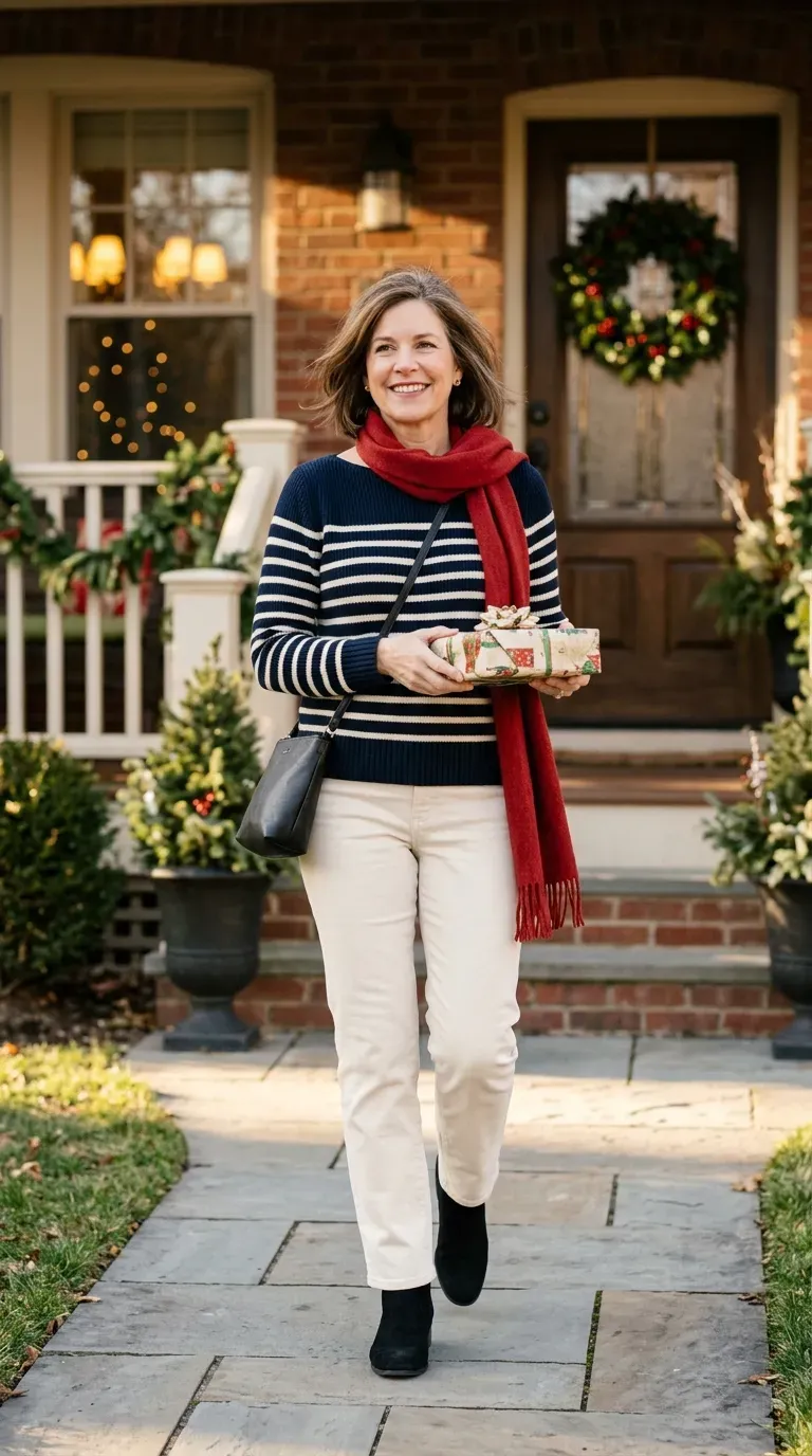 Woman over 50 in olive corduroy blazer, cream turtleneck and dark jeans at a Christmas family gathering