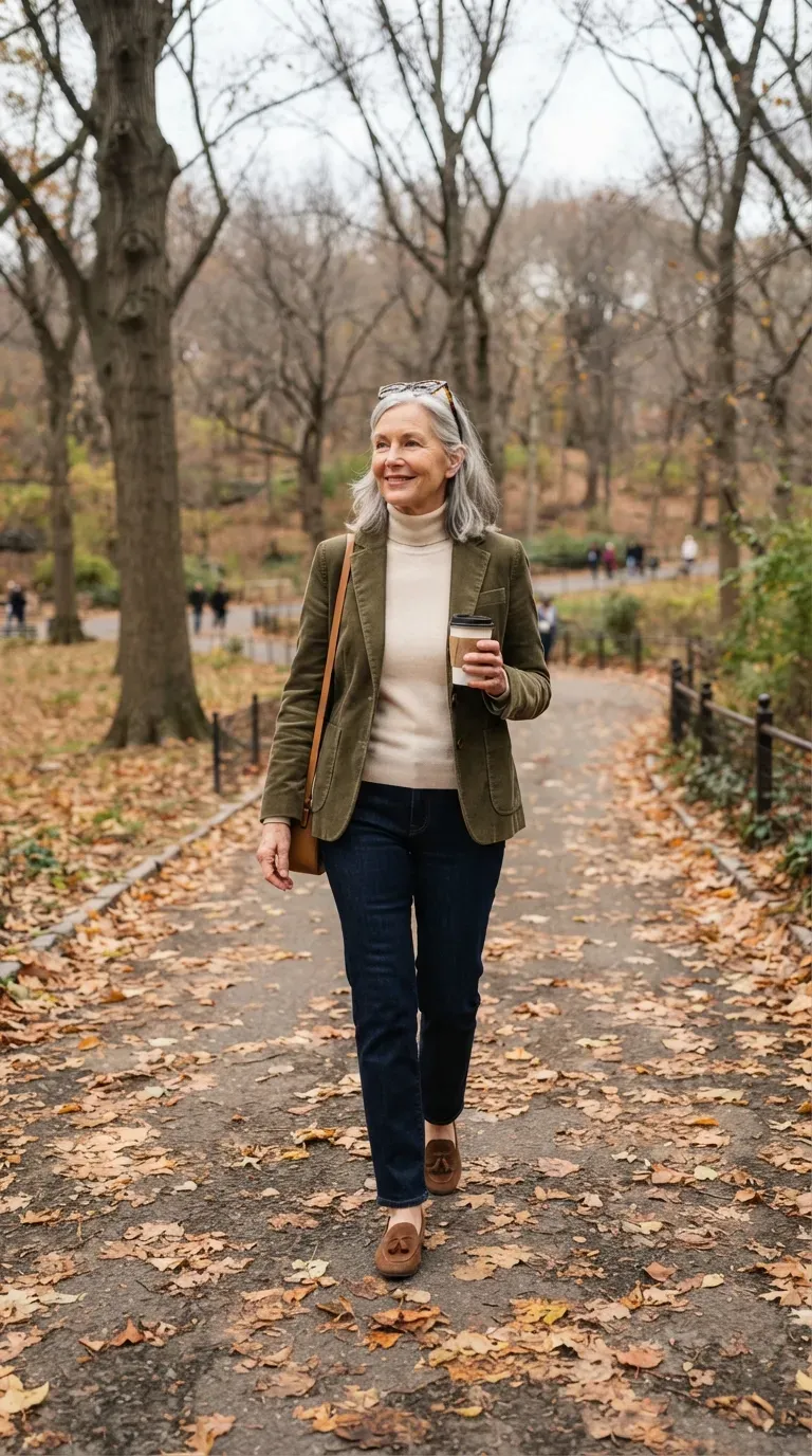 Woman over 50 in olive corduroy blazer, cream turtleneck and dark jeans strolling a park path