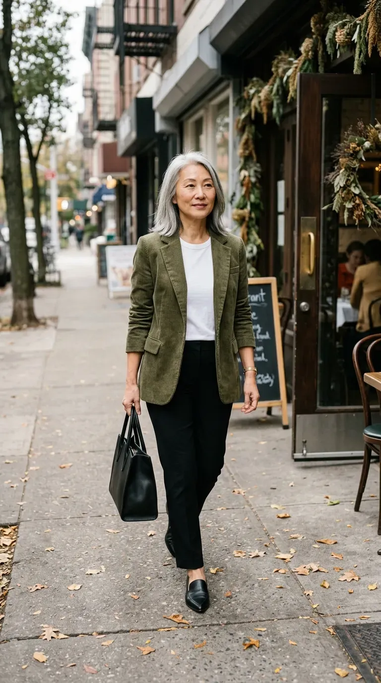 Woman over 50 in olive corduroy blazer, white tee and black trousers near a restaurant