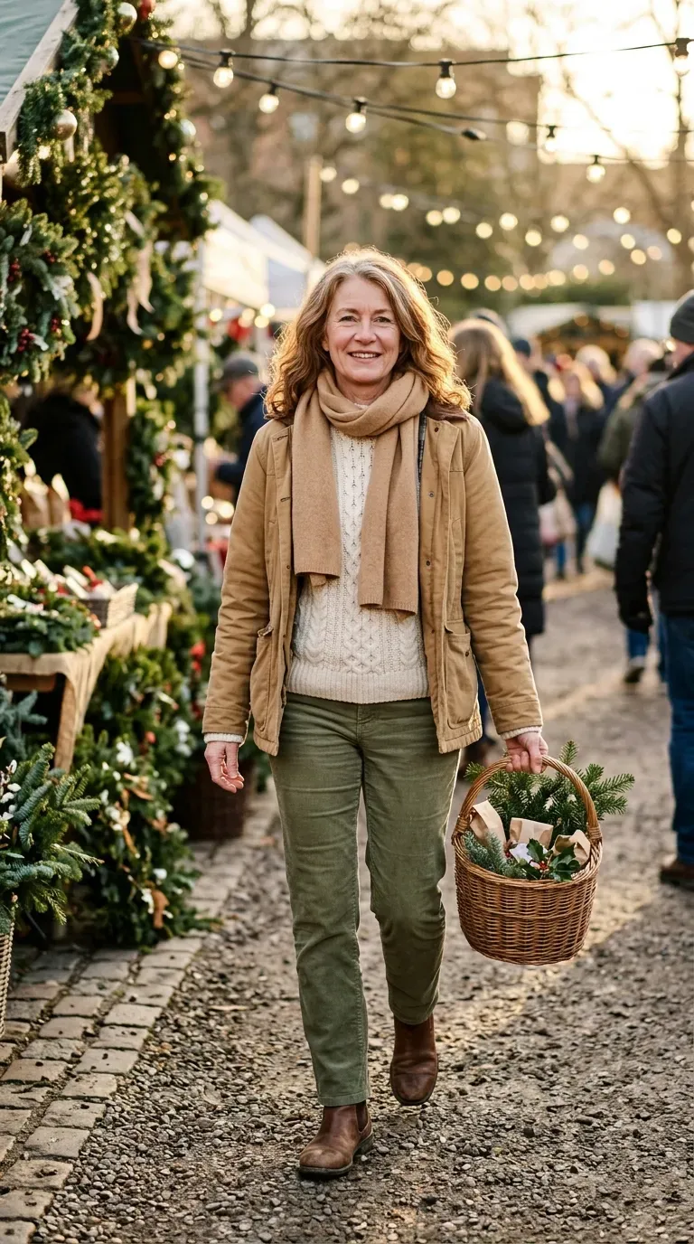 Woman over 50 in olive corduroy trousers and cream fisherman sweater at a farmers market