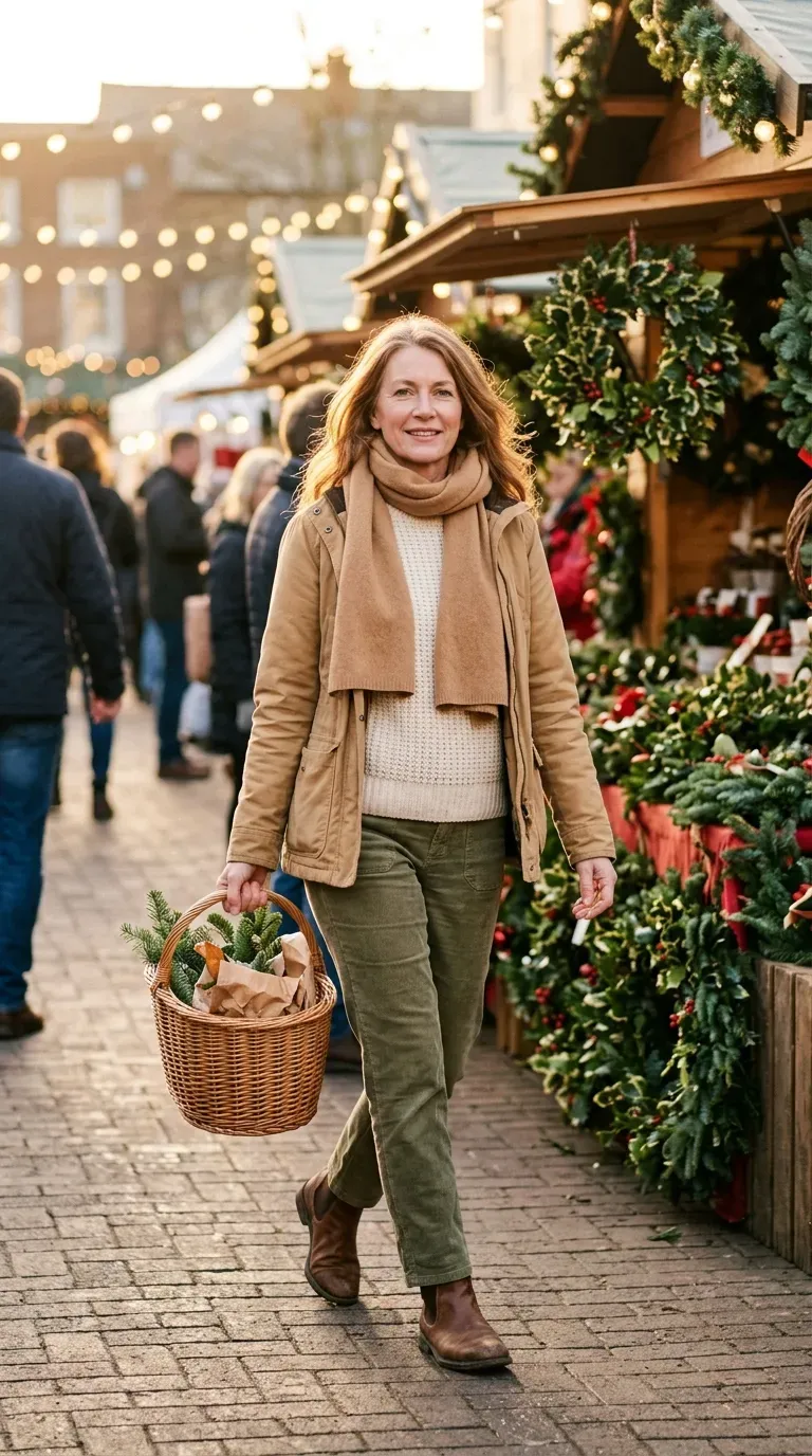 Woman over 50 in olive corduroy trousers and cream fisherman sweater at a farmers market